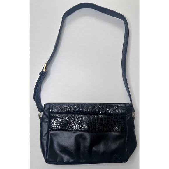SAS Shoulder Bag Black Leather Croc Print Zip Top Adjustable Strap Authentic USA - Picture 1 of 8